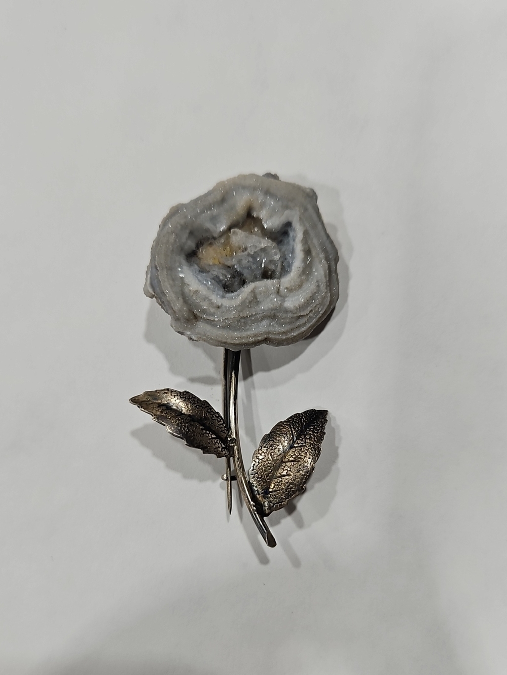 Vintage Mid-Century Silver 900 Druzy Quartz Rose Flower Brooch Pin